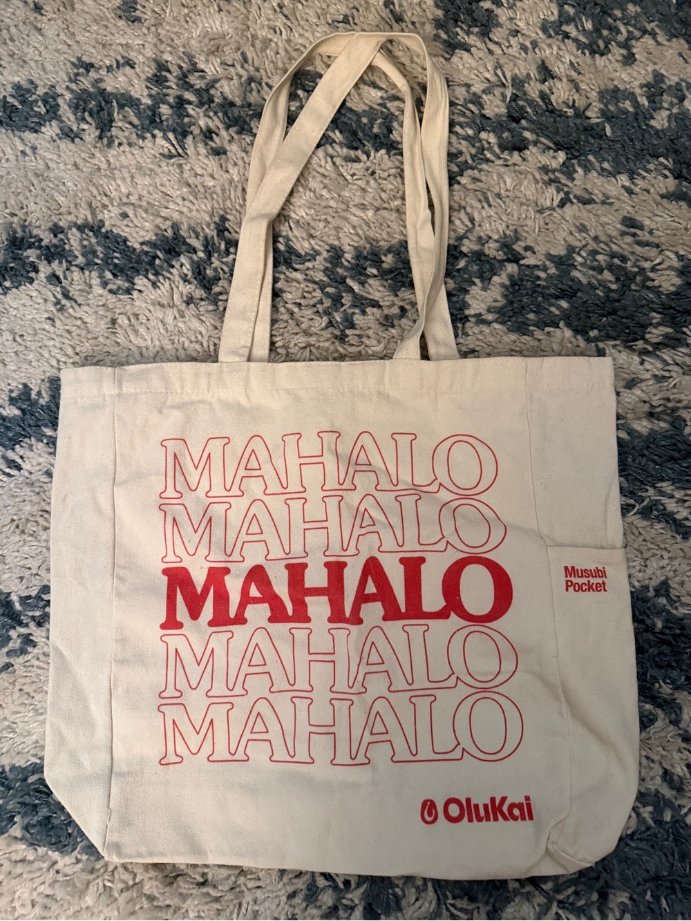 OluKai Cream Canvas Tote with Red MAHALO Print